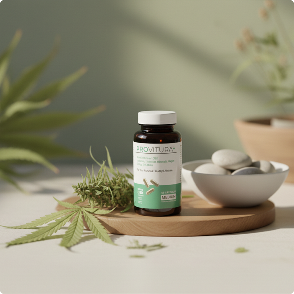 A jar of Provitura capsules with hemp leaves and natural elements
