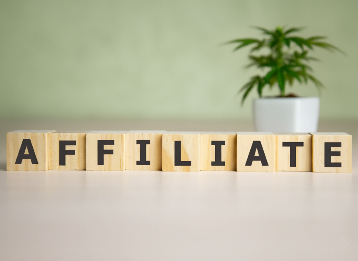 Wooden blocks spelling AFFILIATE beside a small potted plant