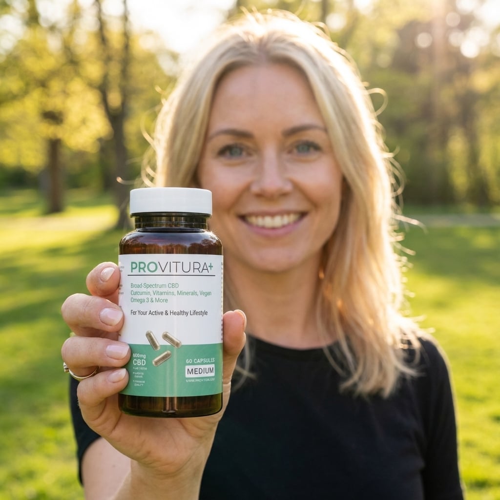 Woman holding a bottle of Provitura capsules outdoors