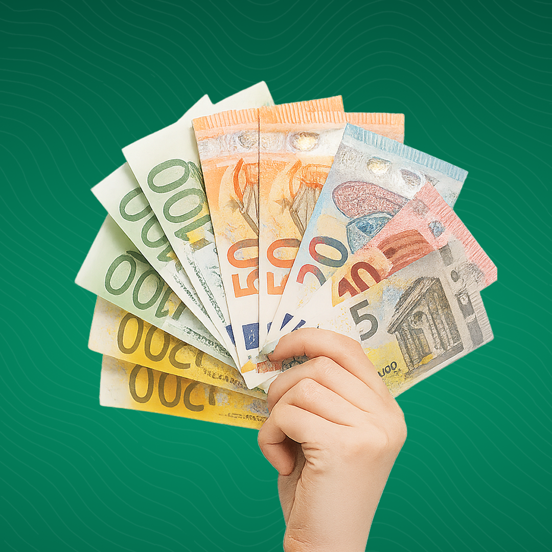 A hand holding a fan of euro banknotes