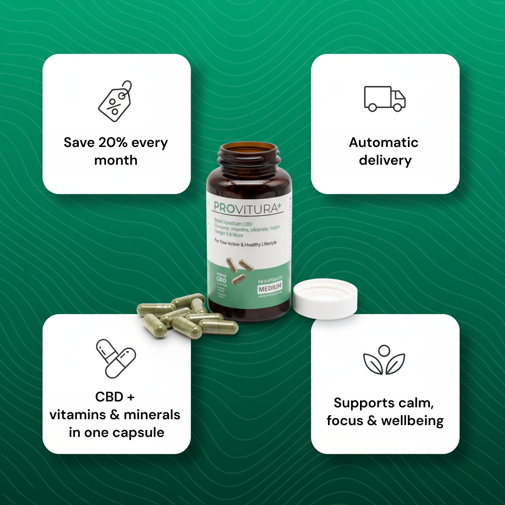 Provitura membership benefits: save 20% every month, automatic delivery, CBD plus vitamins and minerals in one capsule, supports calm, focus and wellbeing