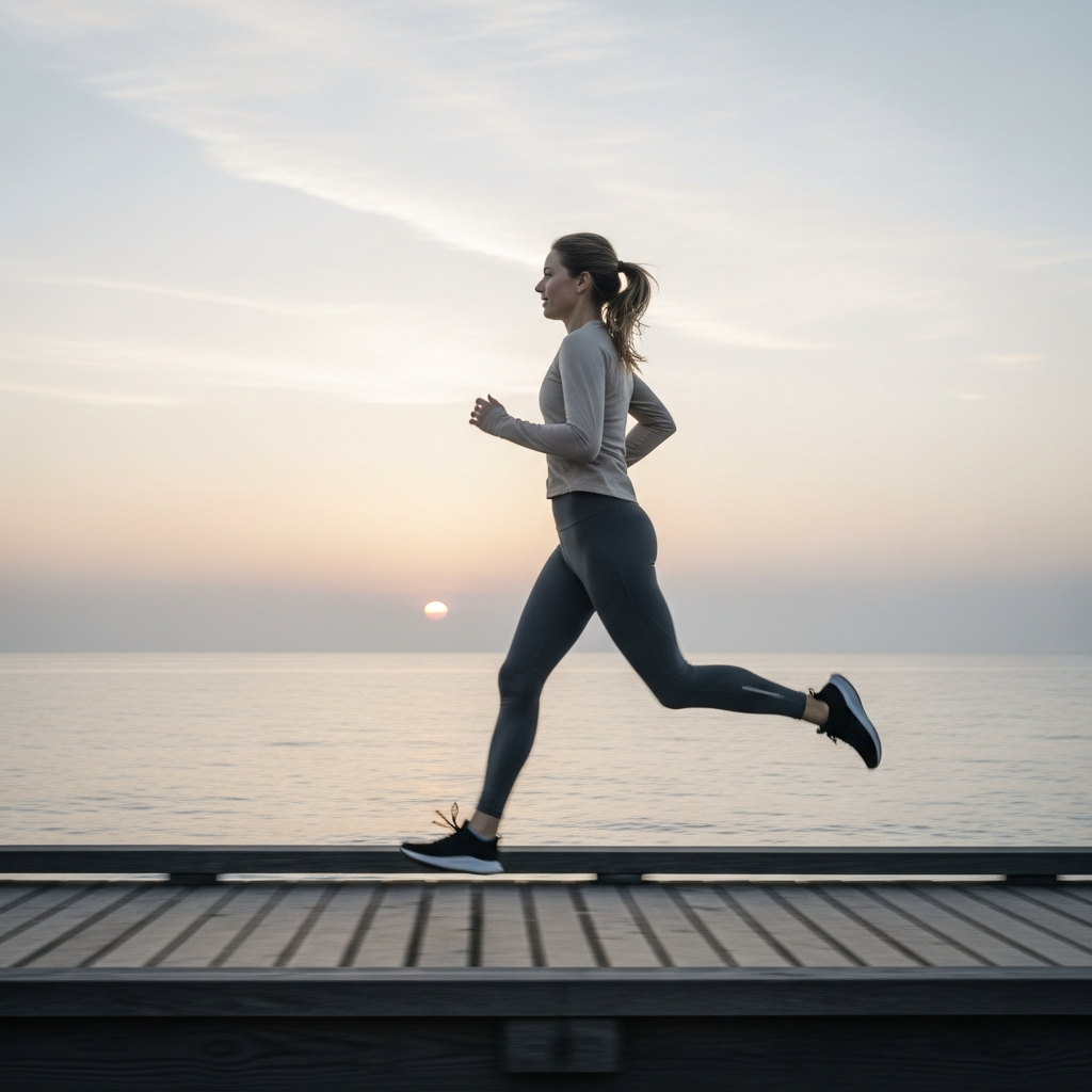 A woman running along the water at sunrise