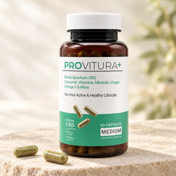 Provitura+ Medium bottle with two capsules on a limestone plinth.