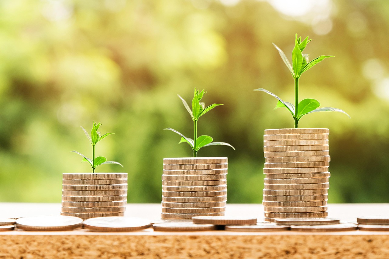 Stacks of coins topped with growing plants, illustrating savings