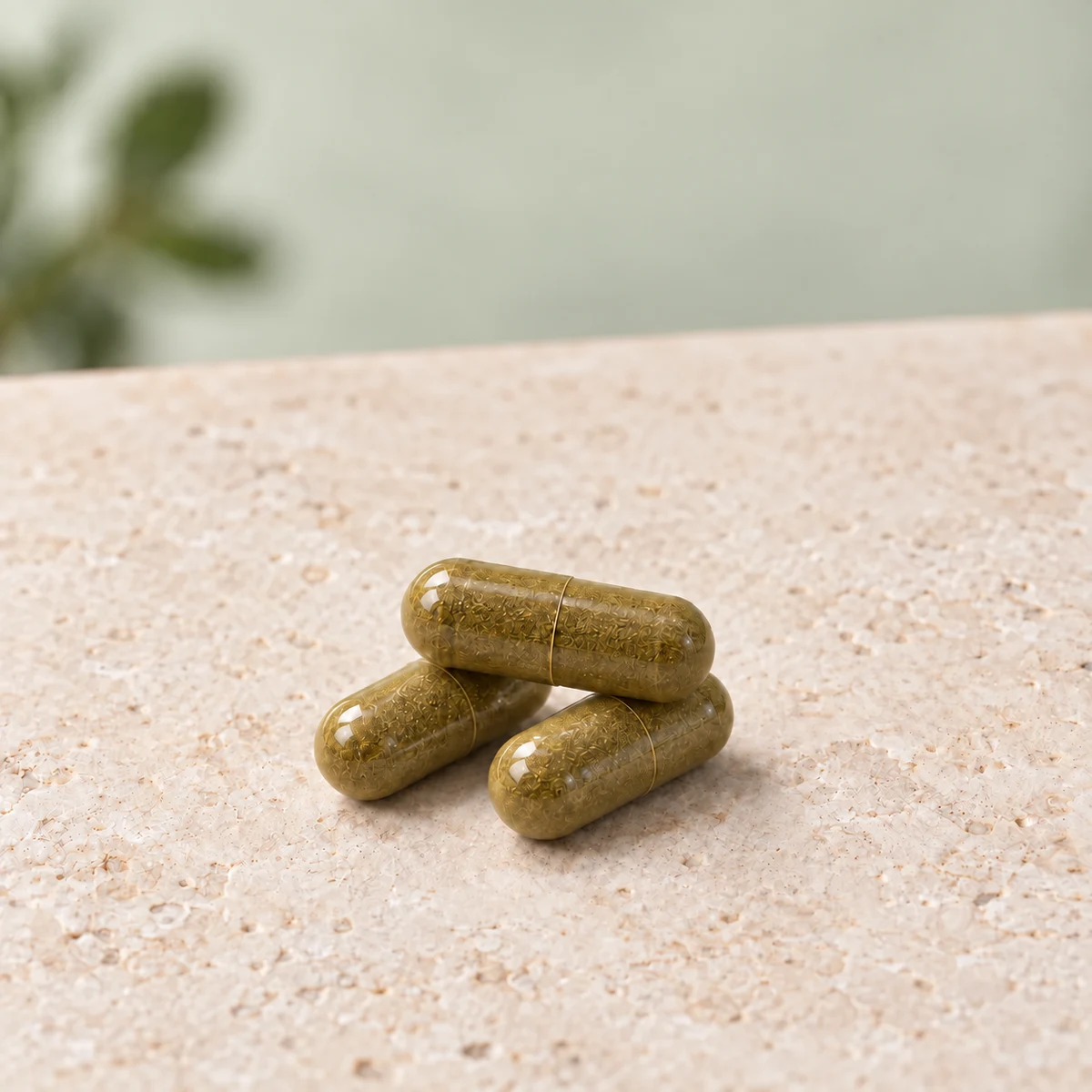 Three capsules on a light stone surface with a soft green background.