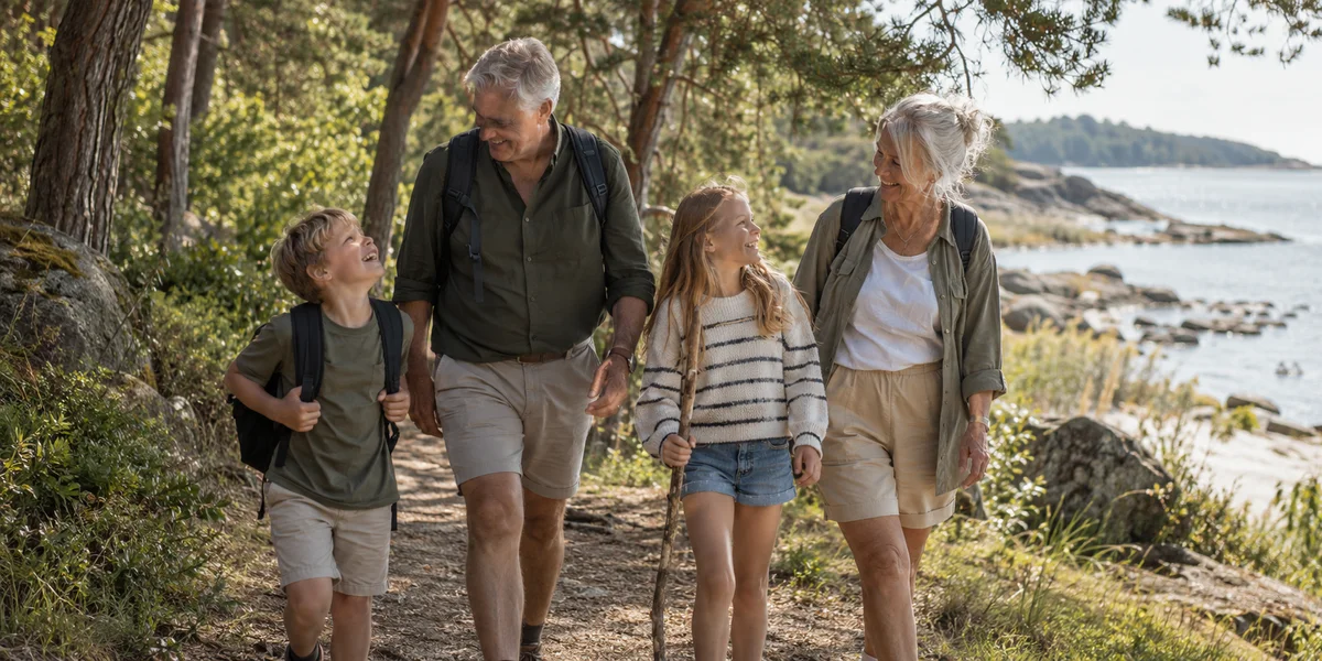 Grandparents walking with their grandchildren by the coast.