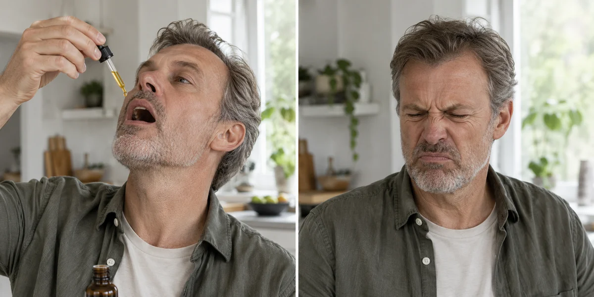 A man taking oil from a dropper and reacting to its taste.