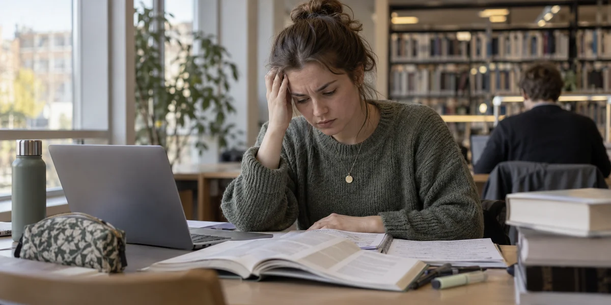 A frustrated student revising for an exam in the library.