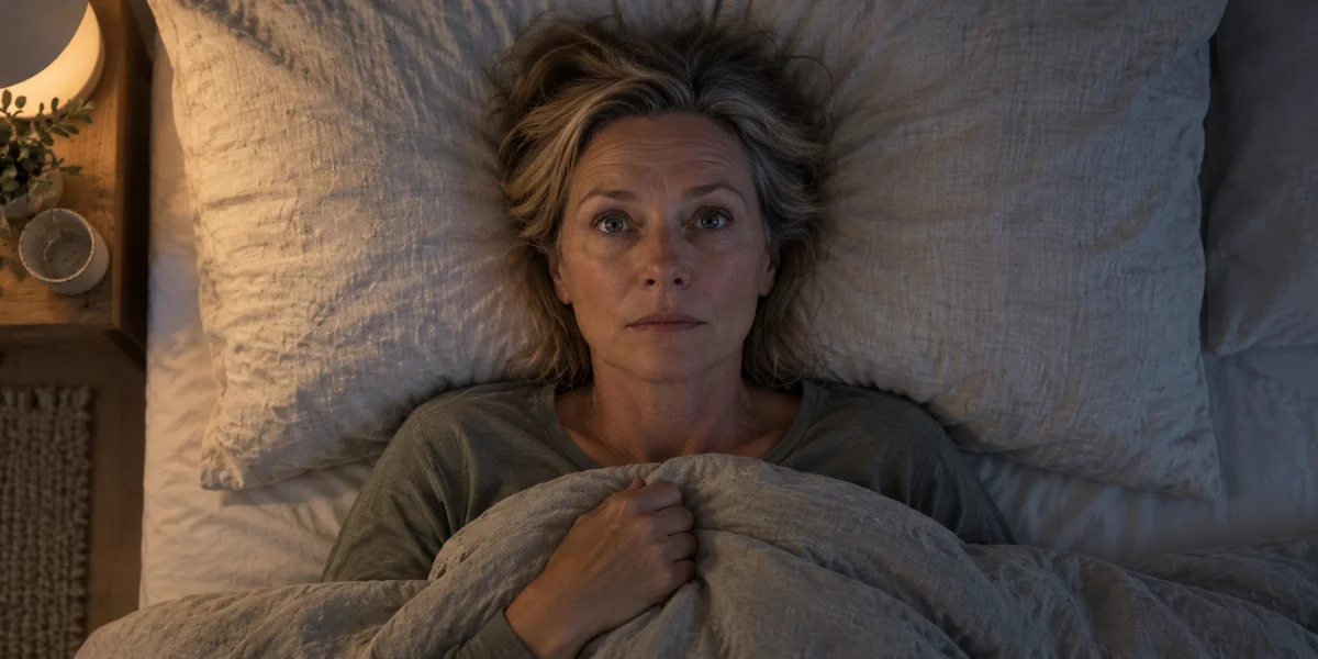 An overhead view of a tired woman lying awake in bed.
