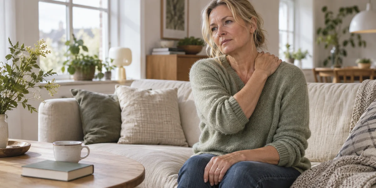 A woman sitting on a sofa massaging a tense shoulder.