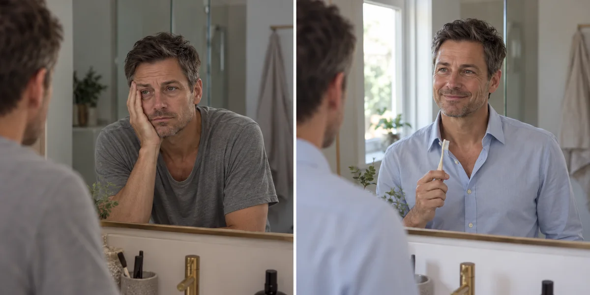 A man at the mirror: tired and slouched on the left, upright and ready for the day on the right.