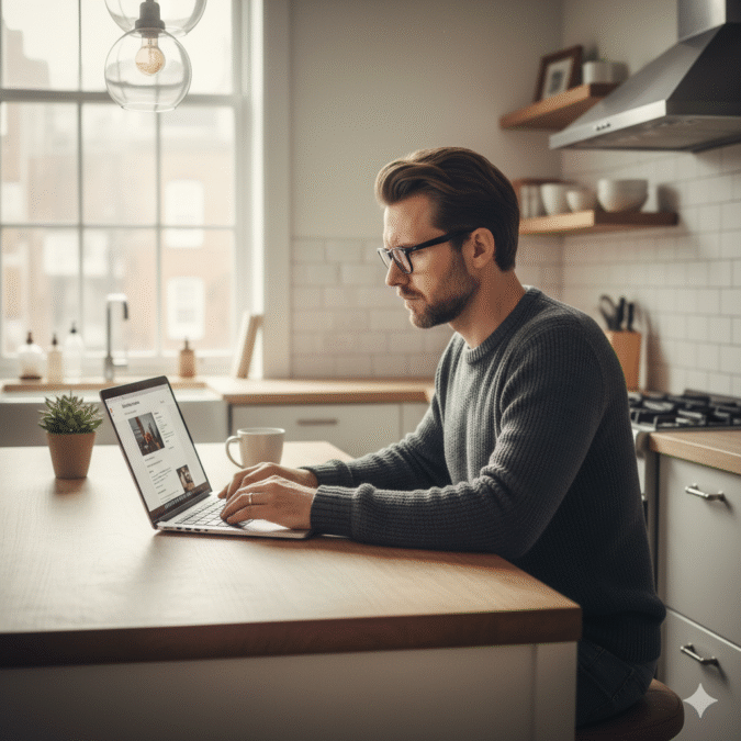 Man with glasses using a laptop at a kitchen table