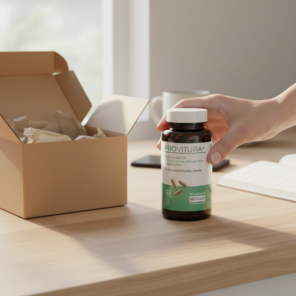 Hand holding a Provitura bottle beside an open shipping box