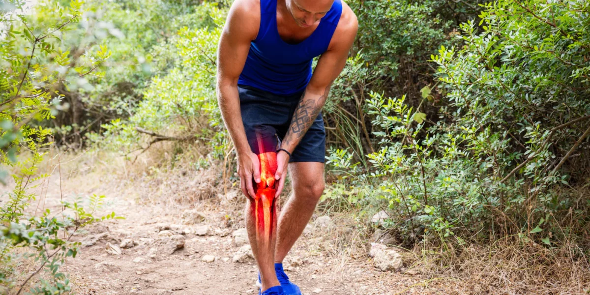 Person holding a knee while sitting outdoors